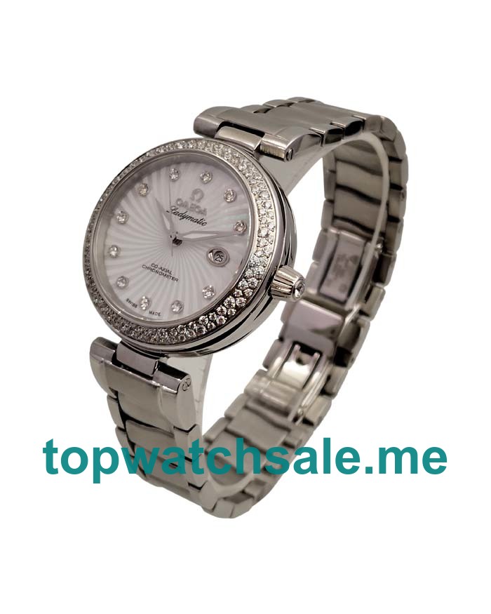 UK White Mother-of-pearl Dials Omega De Ville Ladymatic 425.35.34.20.55.001 Fake Watches With Diamonds